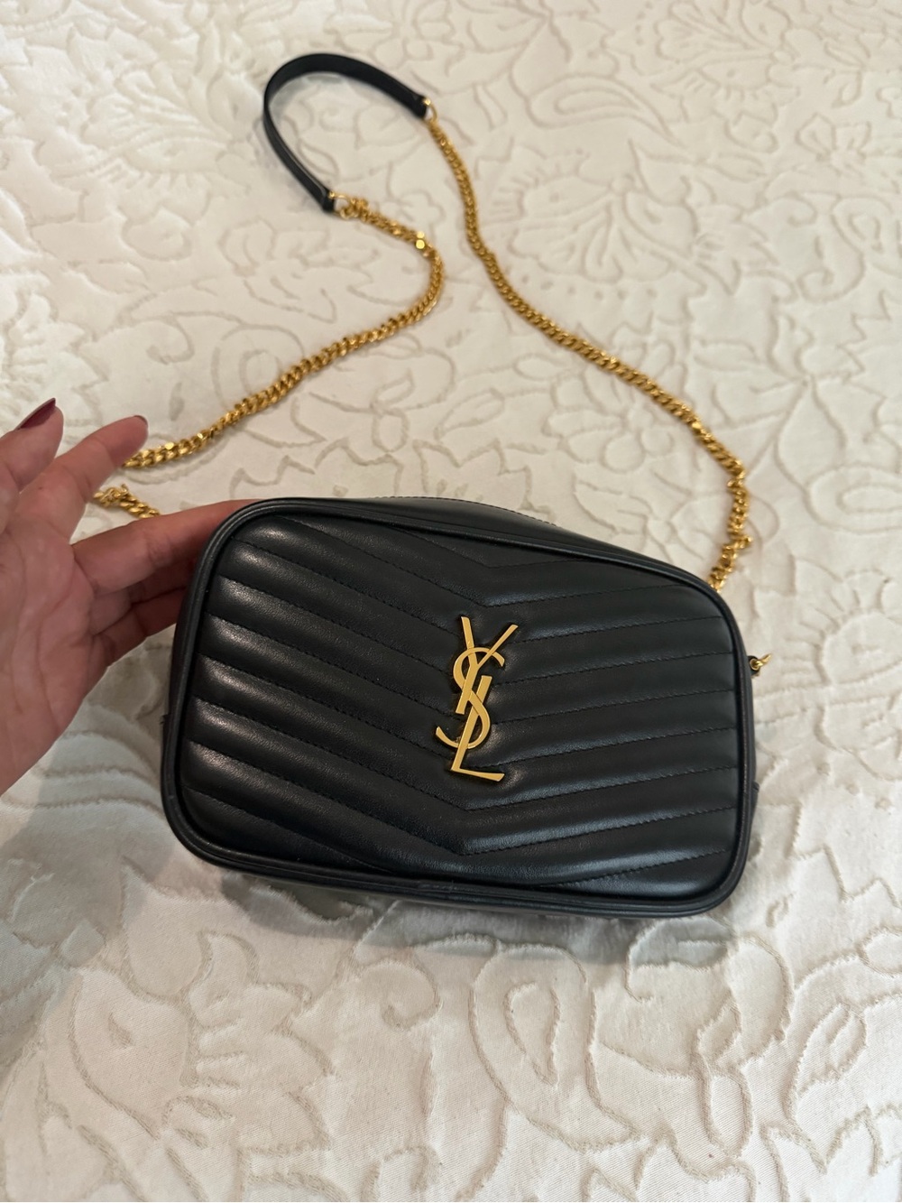 Saint Laurent Black Quilted Leather Camera Bag with Gold YSL Logo and Chain